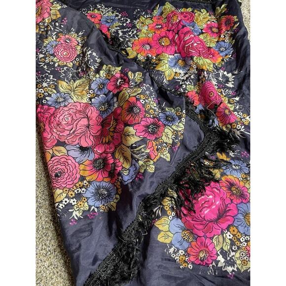 Vintage Bright Floral Neon Scarf Fringe Navy Blue Ukrainian Russian - Picture 3 of 6